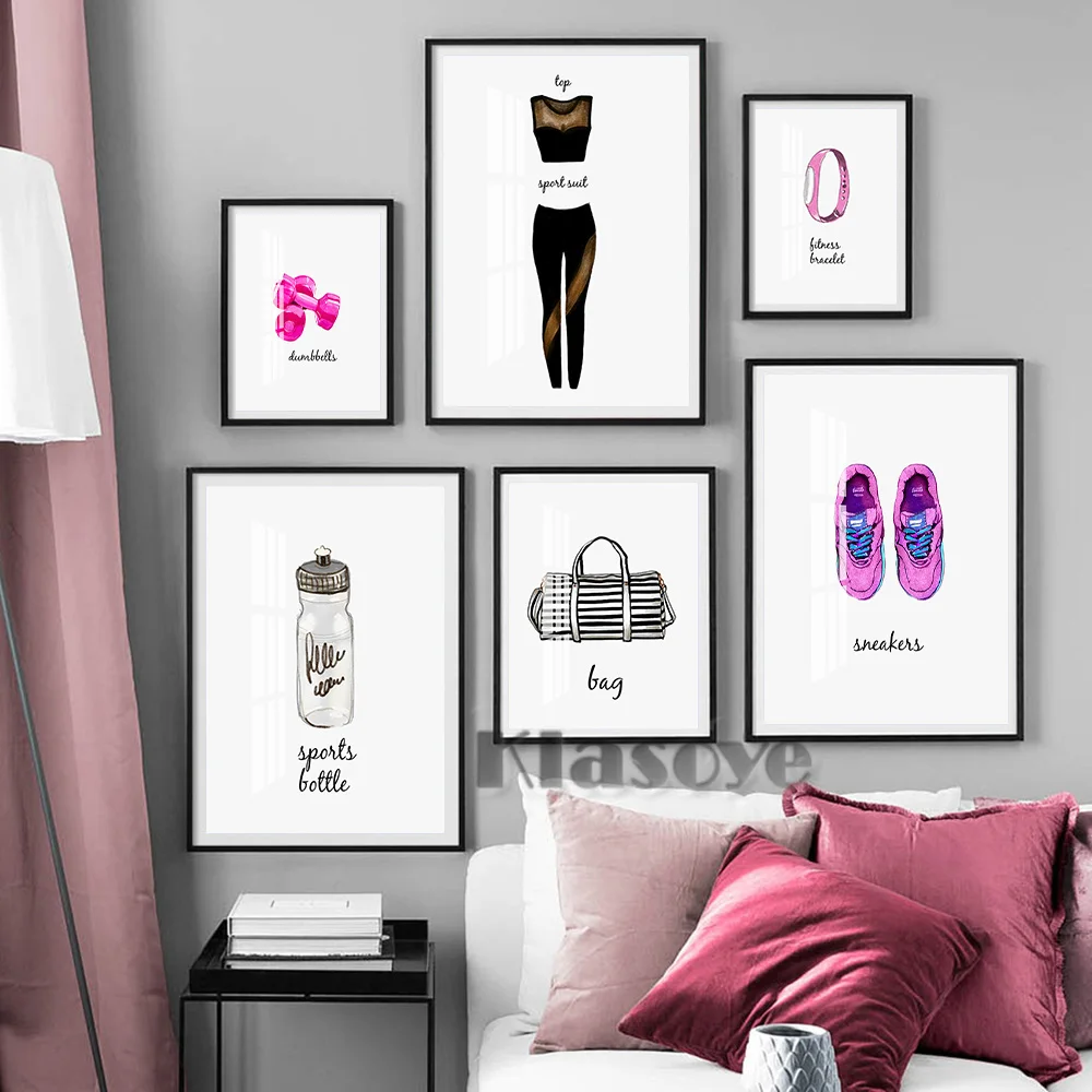 

Sketch Illustration Watercolour Poster Sports Wear Canvas Sneaker Painting Barbell Fitness Art Prints Gym Wall Decorate Picture