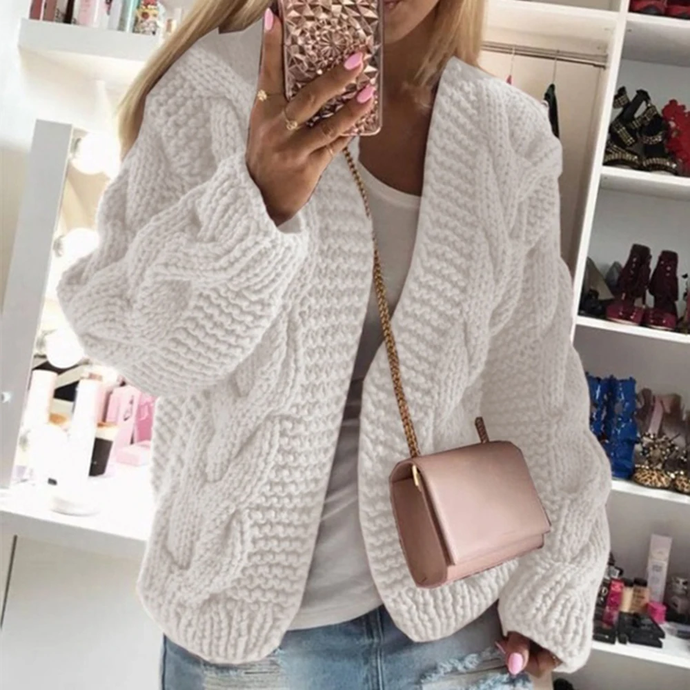 

Женский Теплый трикотажный кардиган на пуговицах, с длинным рукавом-фонариком и V-образным вырезом