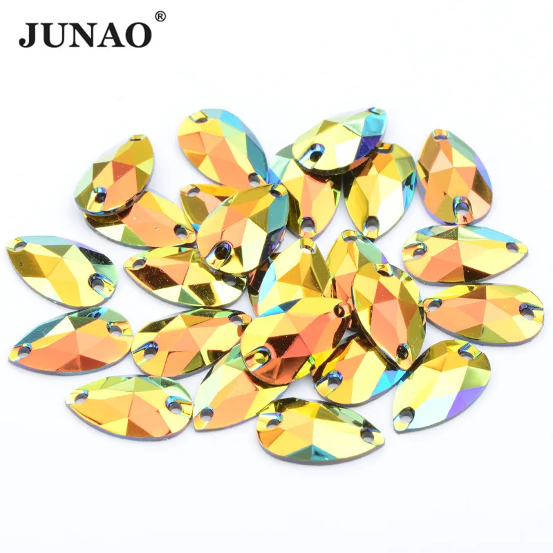

JUNAO 7*12mm High Quality Sewing Teardrop Rose Gold AB Rhinestones Flatback Sew On Resin Crystals Stones for Needlework