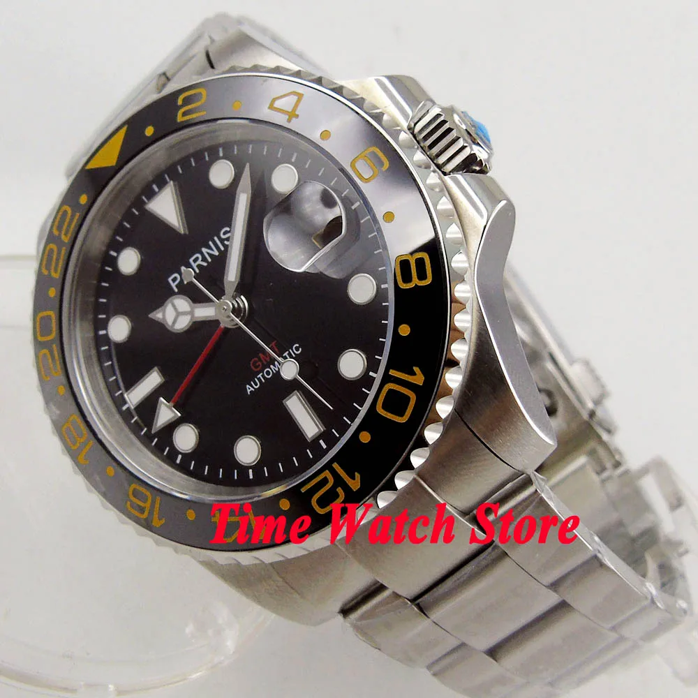 Мужские автоматические часы Parnis GMT 3804 40 мм черный циферблат сапфировое стекло