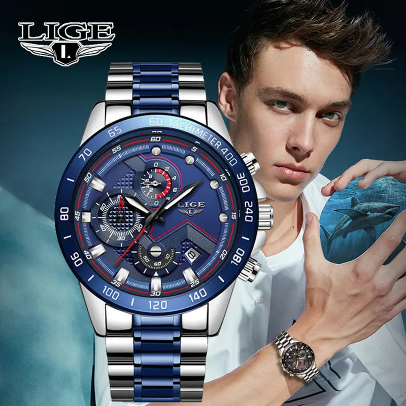 Часы наручные LIGE Мужские кварцевые брендовые Роскошные спортивные в стиле