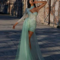 eightree light green glitter one sleeves long evening prom night dresses sparkly high neck luxury formal club party dress gowns