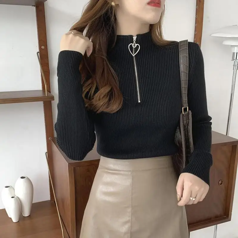 

Zipper Up Basic Solid Color Harf Turtleneck Sweater Pullover Women Casual Long Sleeve Chic Bottom Sweater Female Jumpers Tops