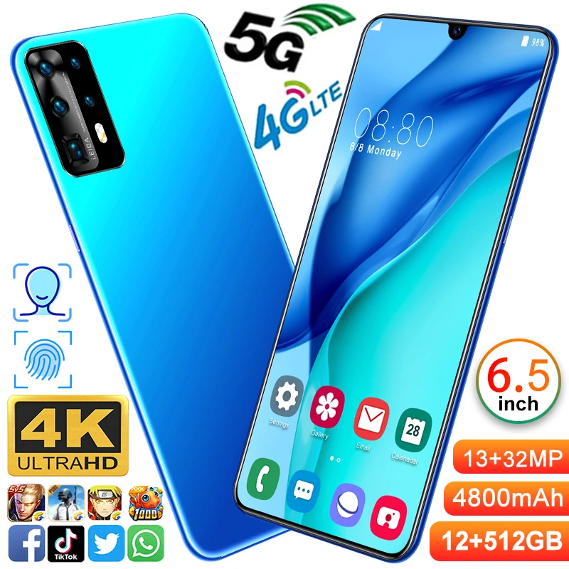 

New P40PRO 5G 6.5Inch Smartphones12GB+512GB 6800mAh Mobile Phones 24MP +48MP HD Camera Android10 Dual SIM MTK6889 Cellphones
