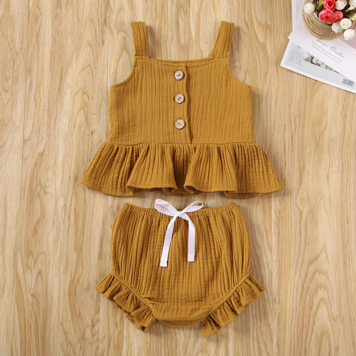 

Kids Toddler Baby Girls Vest Button Crop Tops Knotbow Short Outfit Clothes Set Summer Infant Cotton Suit