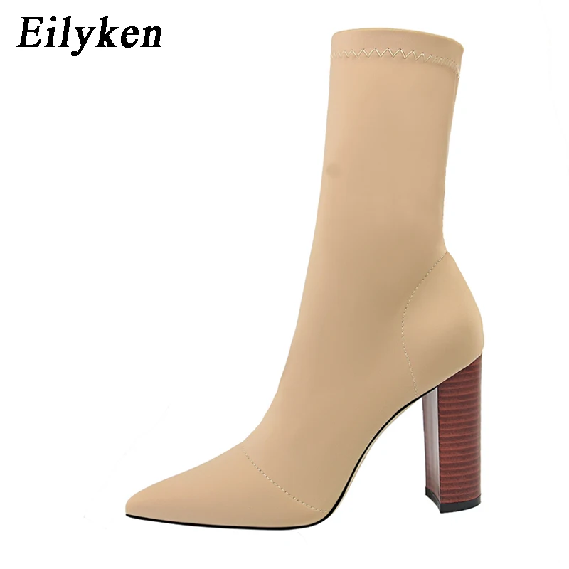 Apricot Eilyken/удобные Стрейчевые женские сапоги-носки; ботильоны на высоком квадратном каблуке; модная Осенняя растягивающаяся обувь с острым носком; Цвет Черный; большие размеры - Цвет: Apricot