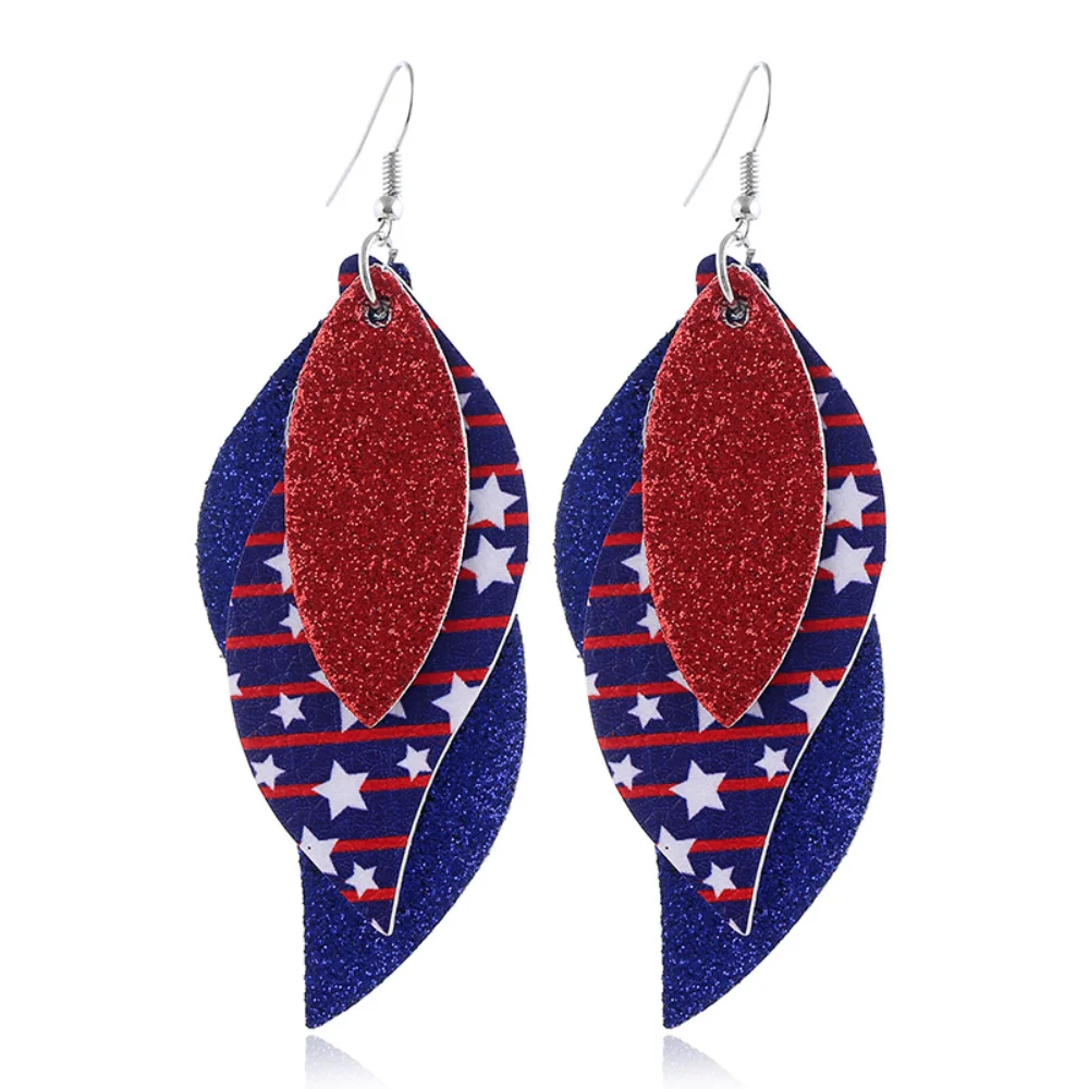 

2021 Trend American Independence Day Earrings Printed Flag Five-pointed Star Pu Skin Multilayer Leaf Sequins Tassel Stud earring