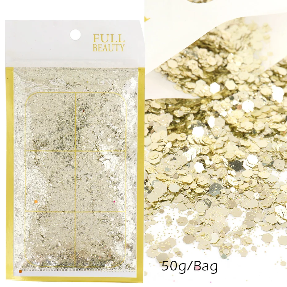 

50g/Bag Gold Silver Nail Sequins Glitter Mirror Chrome Mermiad Holographic Powder Nail Art Flakes 3D Decorations Manicure TR1928