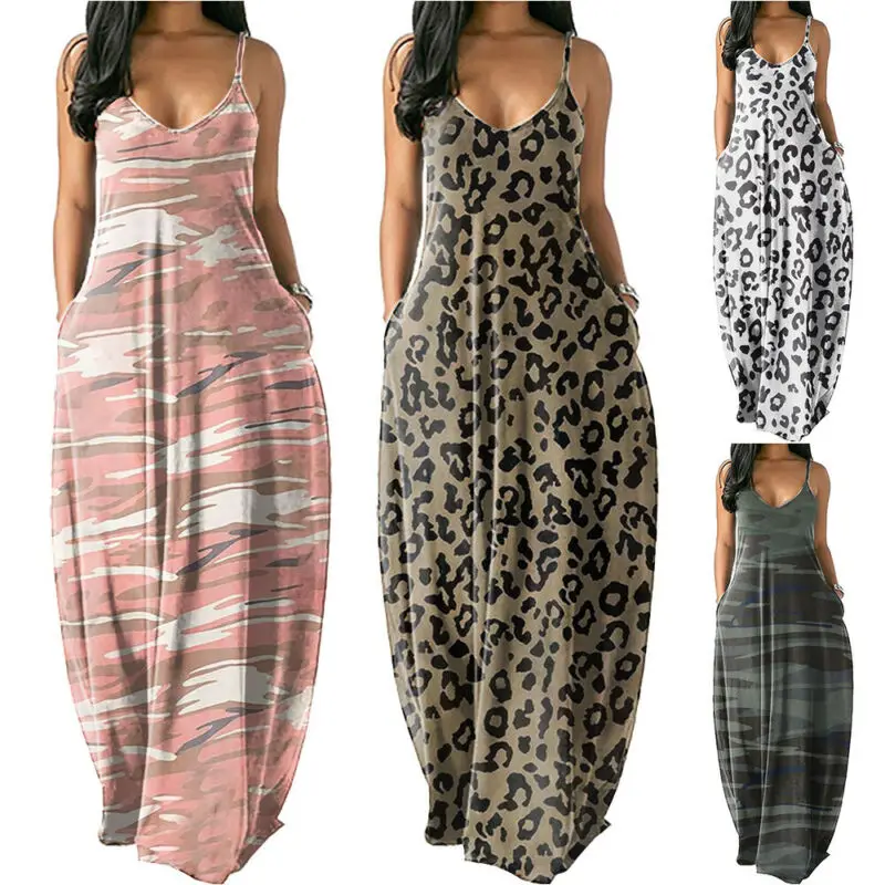 

Women Dress 2021 Camo Leopard Print Maxi Dresses Sleeeveless V Neck Ladies Summer Party Casual Long Dress Vestido de mujer