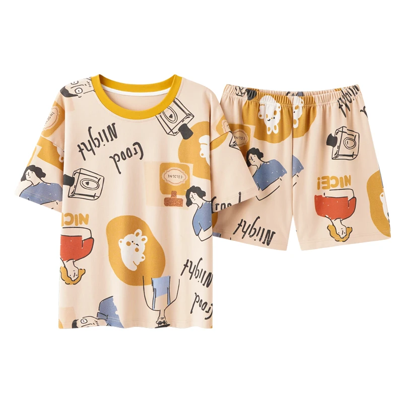 

Casual Women Homewear Cute Sweet Women O-Neck Plus Size Short Sleeve Sleepwear Female Fashion Playful Summer Cartoon Pajamas Set