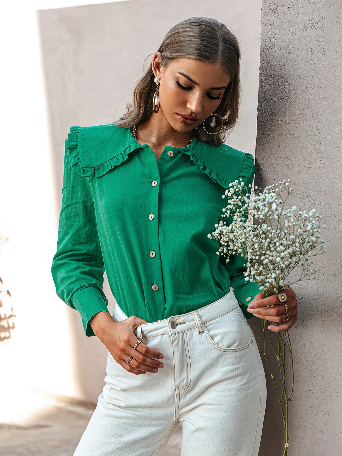 

Women Shirts Peter Pan Collar Office Lady Tops Femme Full Puff Sleeve Straight Single Breasted Sweet Blouses Female