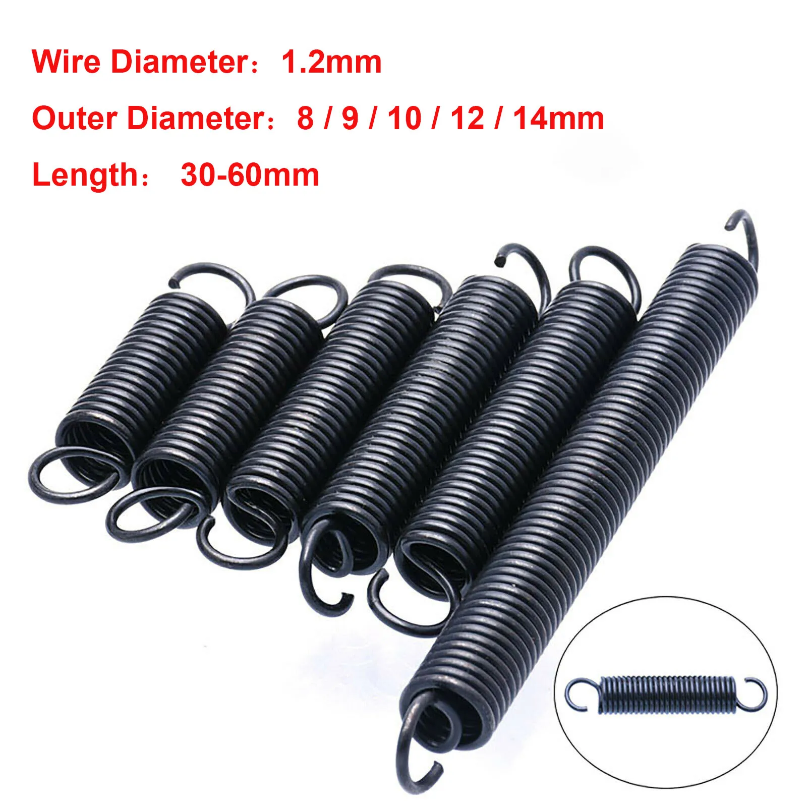 

5Pcs Wire Dia 1.2mm Spring Steel Tension Spring S Hook Cylindroid Helical Pullback Extension Spring OD 8mm-14mm Length 30 - 60mm