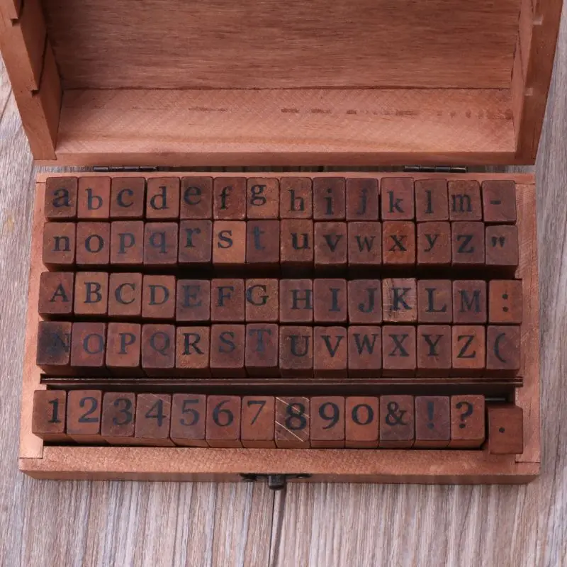 70Pcs Vintage DIY Number Alphabet Letters Wood Rubber Stamps Set with Wooden Box