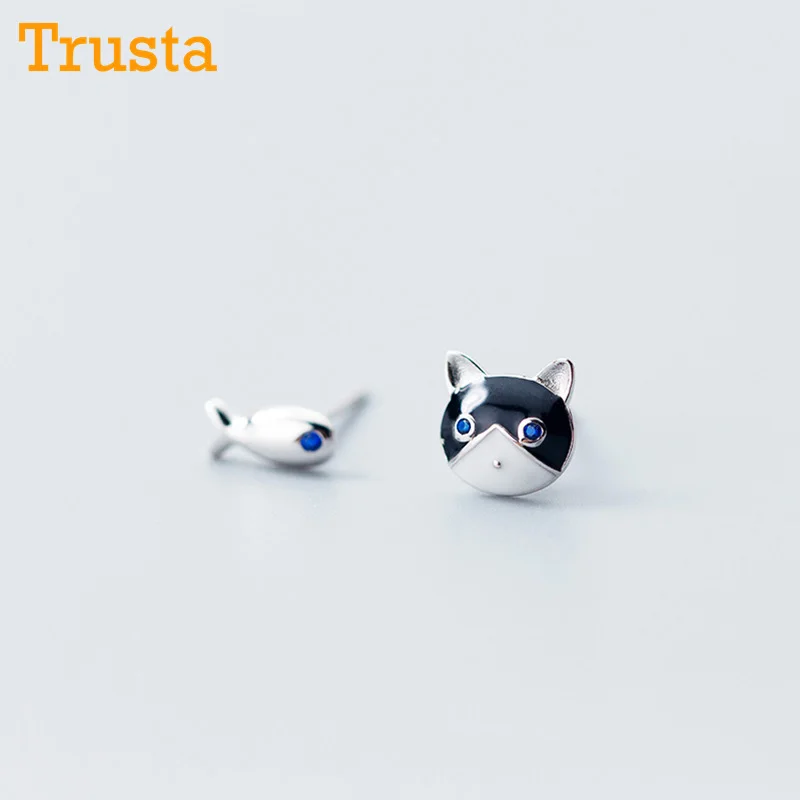 Trusta, 925 Чистое серебро, женские модные милые миниатюрные асимметричные серьги-гвоздики с изображением кошки и рыбы для дочек, девочек DS856