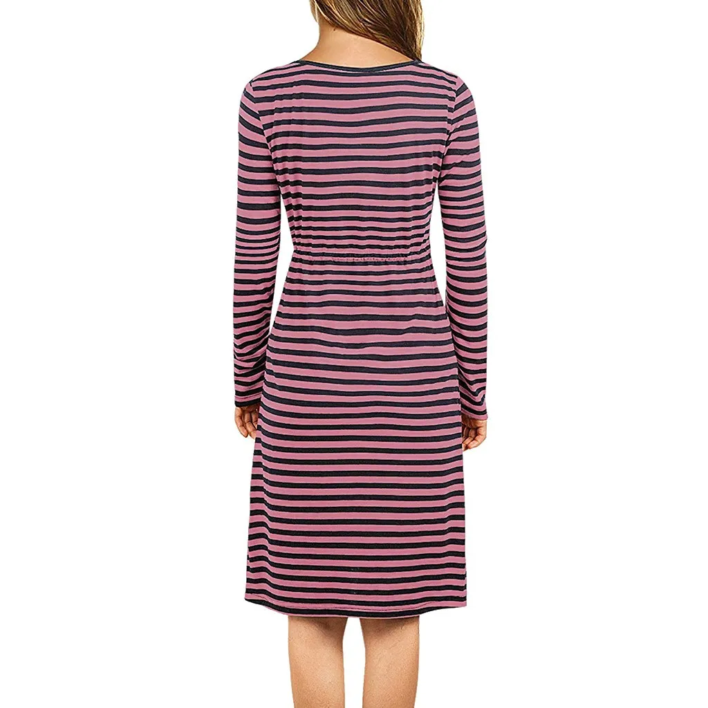 Платья для беременных Полосатое миди платье с длинным рукавом Одежда зимнее