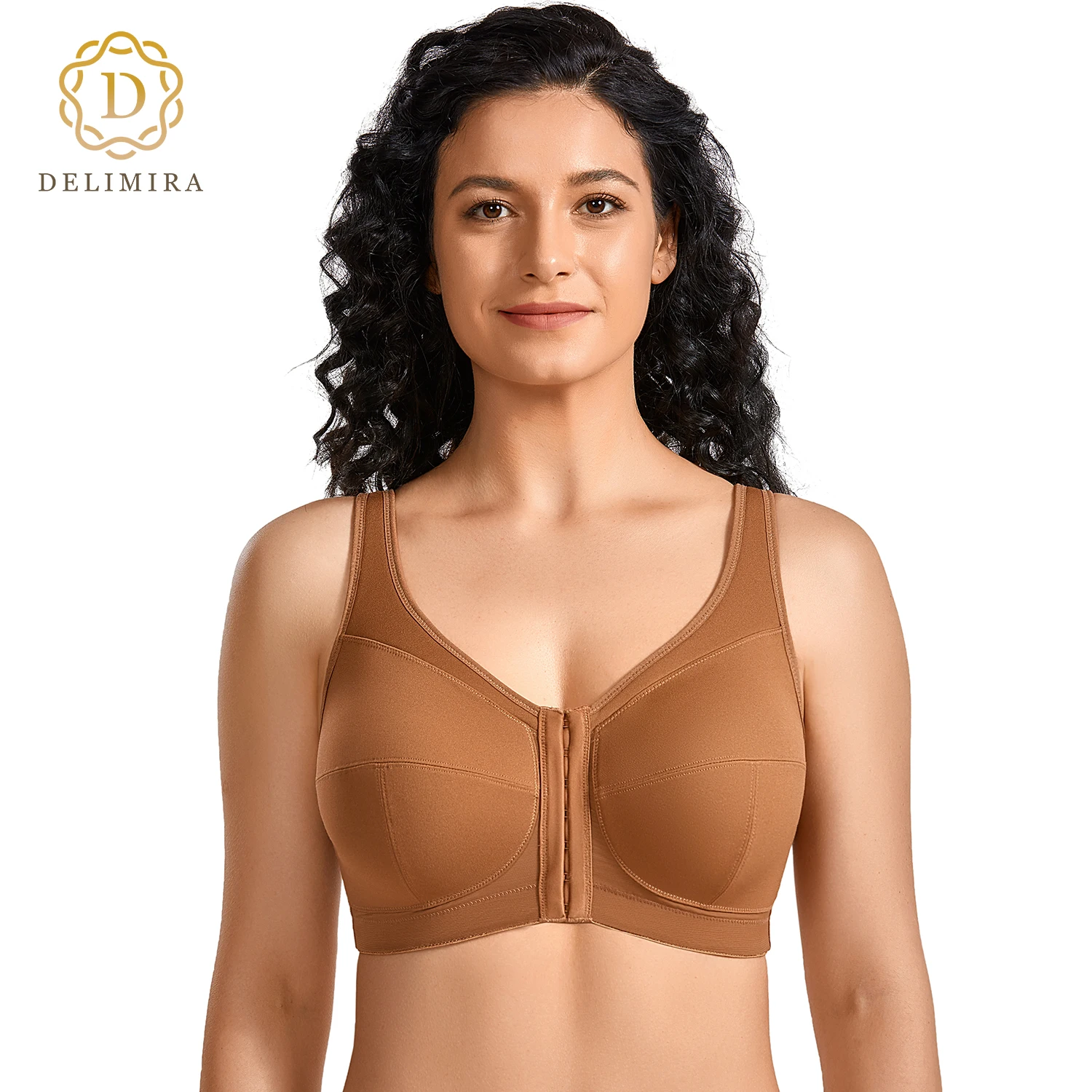 DELIMIRA Women's Plus Size Wirefree Full Figure Posture Cotton Bra Front Closure Back Support Non-padded