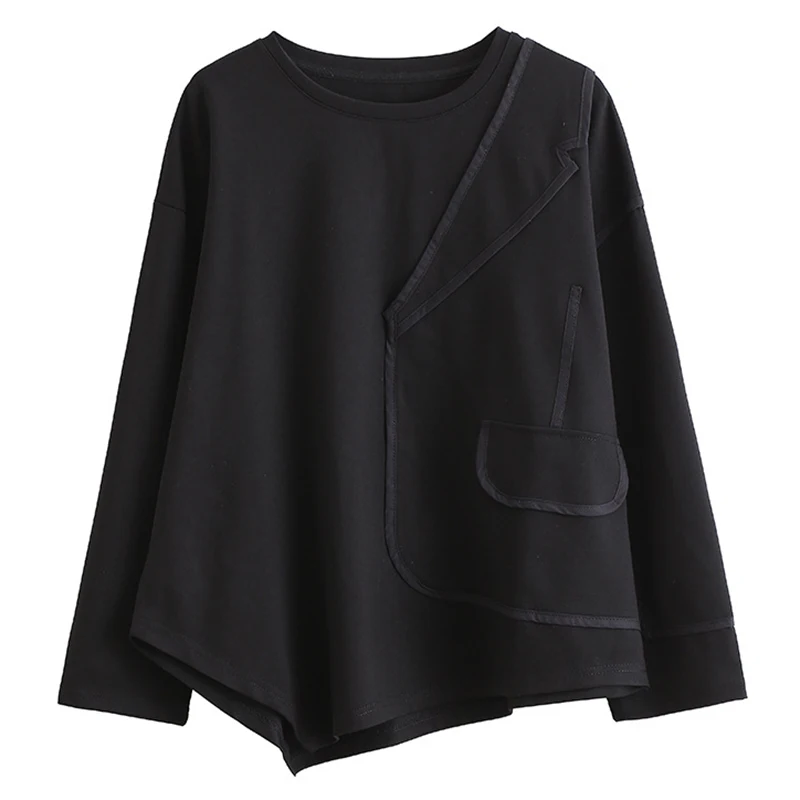 

[EAM] Women Black Plaid Irregular Hem Big Size T-shirt New Round Neck Long Sleeve Fashion Tide Spring Autumn 2021 1DD5770
