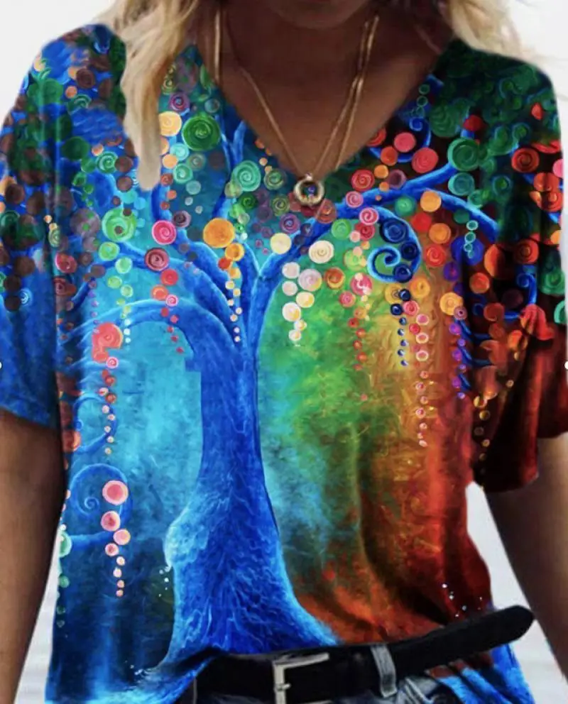 

Summer Ladies Tops Short Sleeve T-Shirt V-Nick Print New Fashion Women's Clothing Flower Casual Soft Cozy Loose Female T-Shirt