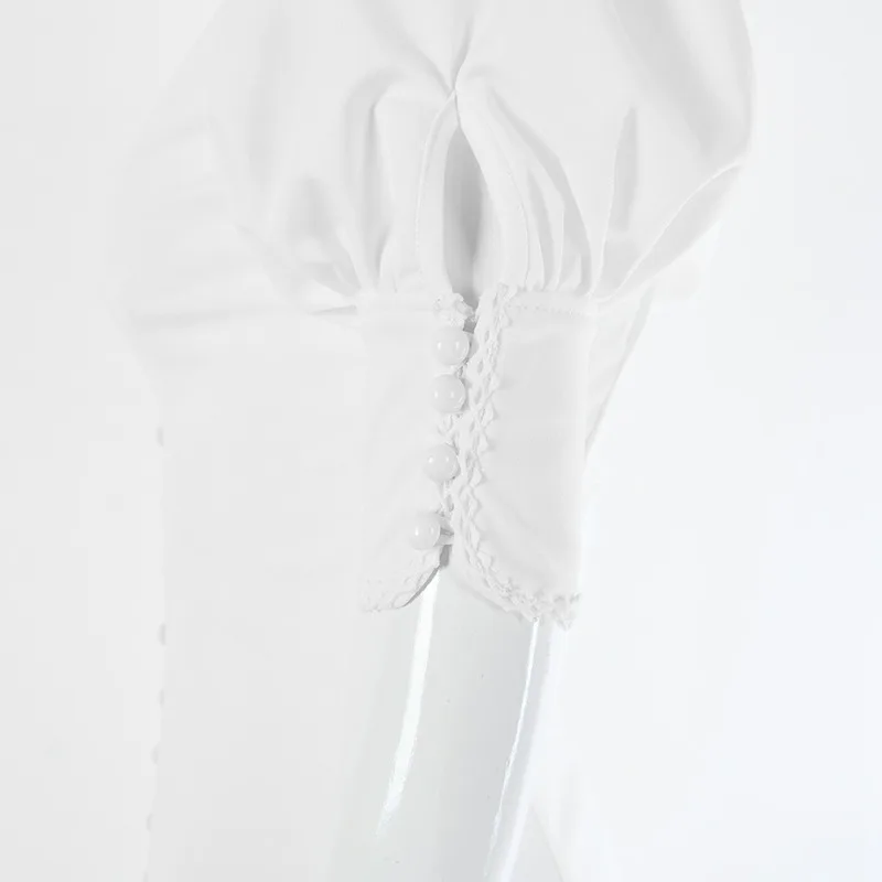 

FORERUN Elegant Midi Dress Women Puff Sleeve Sexy Ladies Lace Dresses Deep V-neck Button White Vestidos Robe Femme