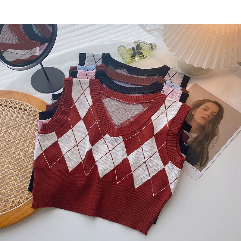 

Женский трикотажный жилет в стиле ретро, короткий топ без рукавов с ромбовидным узором, весна-осень 2021