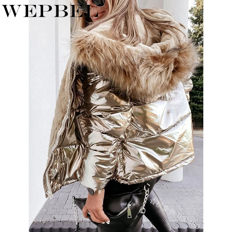 WEPBEL Women's Winter Down Jacket Hooded Fur Collar Coats women Causal Pockets Loose Shiny Glossy Thick Warm Cold Coat