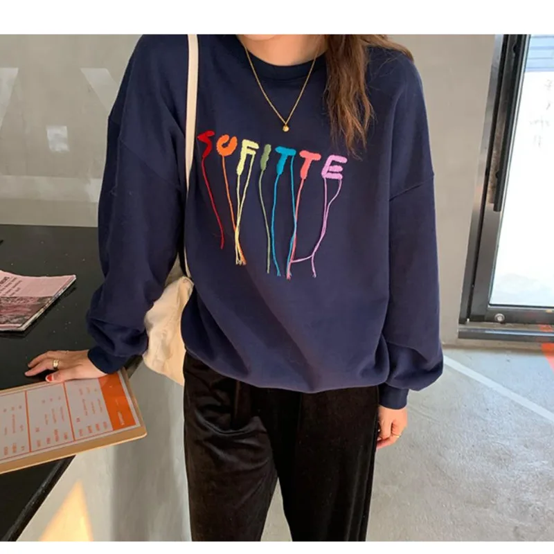 

Rainbow Letter Tassel Embroidered Fleece Sweatshirts Women Round Collar Loose Casual Pullovers 2020 Autumn Winter Hoodies Tops
