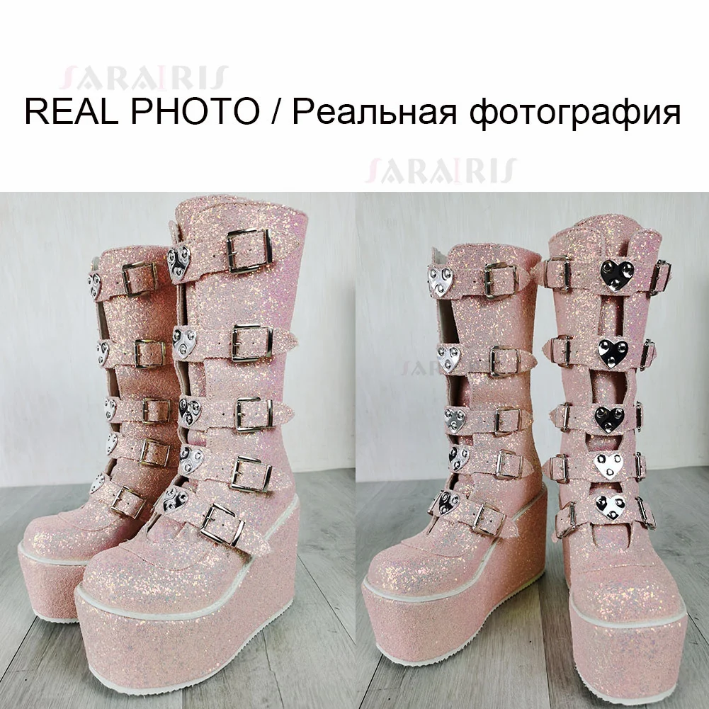 doratasia ins hot brand women boots zipper heart buckle wedges platform womens boots cool goth cosplay bling cute shoes free global shipping