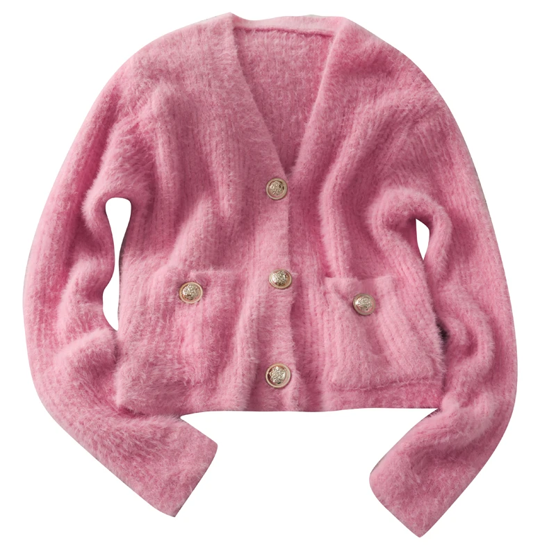 

Elegant soft Mink sweater women cardigans 2021 V-neck cardigan plush fleece jacket Korean long-sleeved sweater cardigan women