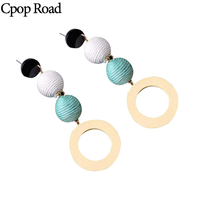 Cpop новые модные серьги из пеньковой веревки с деревянными бусинами круглые полые