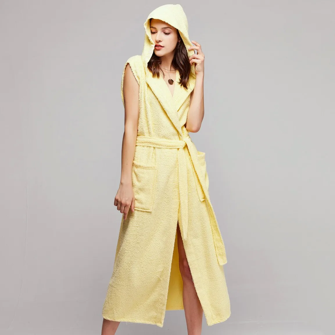 

Sleeveless Women Nightgown Home Clothes Cotton Hooded Sleepwear Kimono Bathrobe Gown Toweling Terry Hotel Robe Homewear