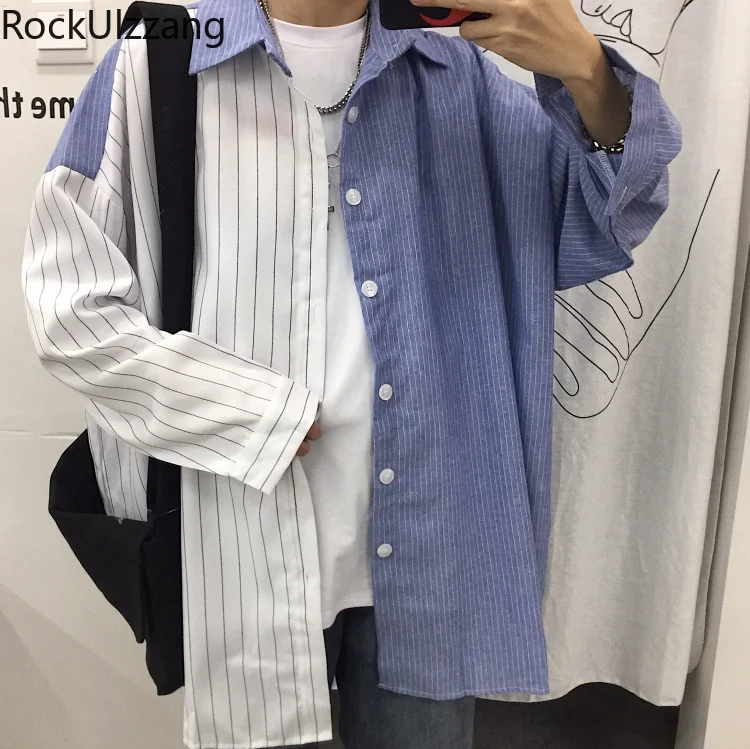 Блузка мужская оверсайз в полоску модная рубашка стиле пэчворк с длинным рукавом