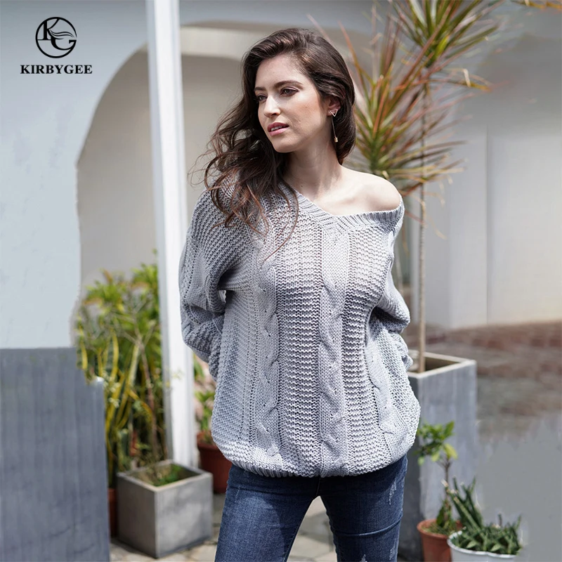 KirbyGee Sexy Deep V Neck Off Shoulder Knitted Yellow Twisted Sweater Woman Plus Size Loose Long Sleeve Pullover Jumpers | Женская