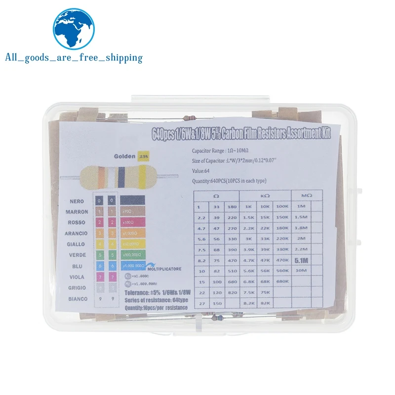 1/8W 5% 640pcs 64 Values 1R - 10MR 0.125W Carbon Film Resistor Assorted Kit Set | Электронные компоненты и