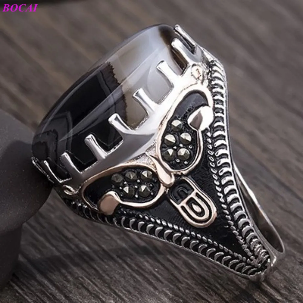 

BOCAI 100% S925 Silver Men's Ring Natural Agate Middle East Simple Fashion Thai Hand Jewelry Pure Argentum Holiday Gifts