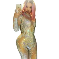 glistening rhinestones women long sleeve jumpsuits nightclub dance ds show stage wear dj singer performance costumes outfit