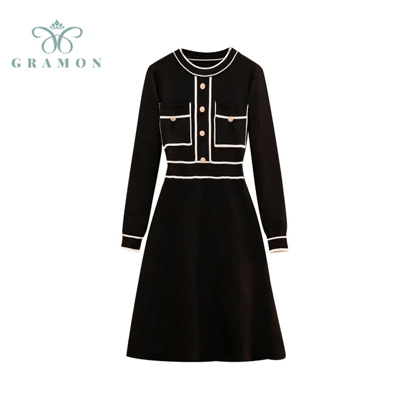 

Женское трикотажное платье с круглым вырезом, длинным рукавом и пуговицами