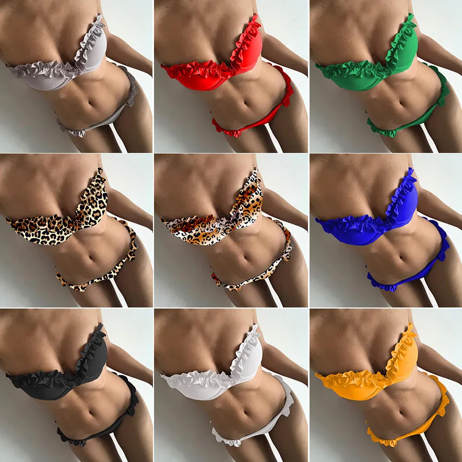 

Padded Push Up Bikini Set Underwire Flower Ruffles Swimsuit For Women Sexy Solid Bandeau Female Bathing Suit 2020 Summer Biquini