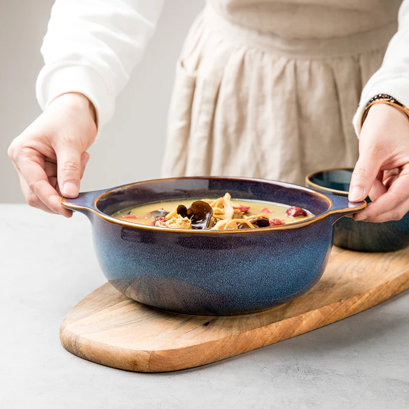 

8Inch Household Ceramic Blue Soup Pot Kitchen Microwave Tableware High-Value Large Binaural Soup Pot with Handle Soup Bowl