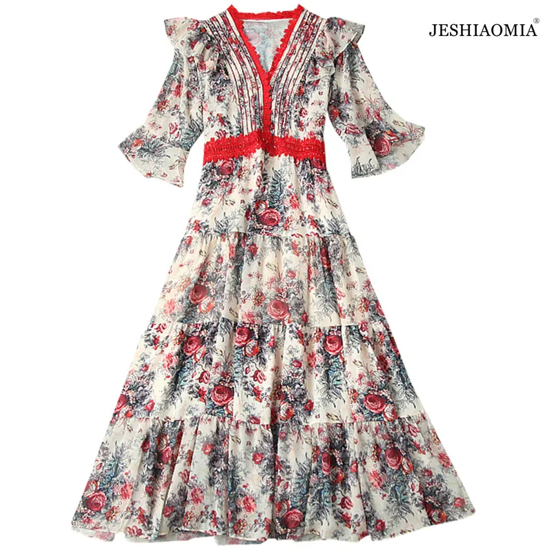 

Летнее платье-миди JESHIAOMIA с V-образным вырезом, цветочным принтом и расклешенными рукавами в несколько рядов, 2021