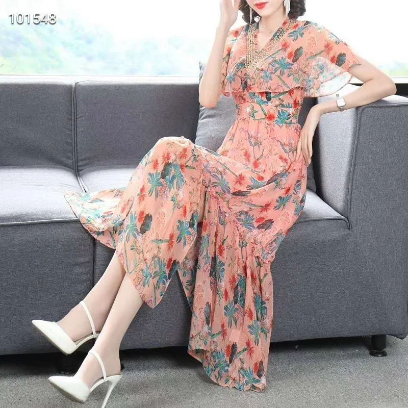 

Cape Poncho Dress 2020 Summer Runway Women V-Neck Charming Flower Print Hand Made Beading Deco Mid-Calf Green Orange Dress XL