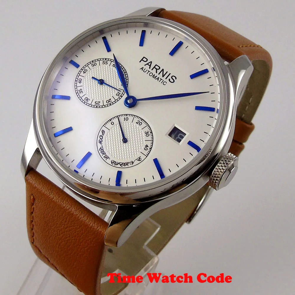 

43mm PARNIS Automatic Men's Watch ST 2530 Movement White dial Power Reserve blue hands marks date window brown leather strap