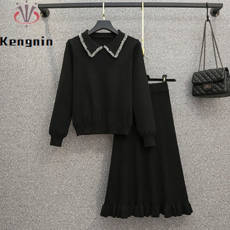 

2022 Autumn Winter Loose Oversize Women Suits Black Knitted Sweater Top + Mermaid Elastic Waist Skirts Lady Two Piece Set KE1791