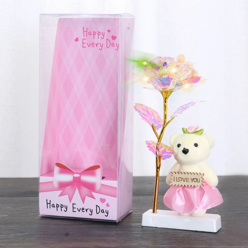 24K Gold Фольга роза цветок с длинным стеблем украшением в виде медведя