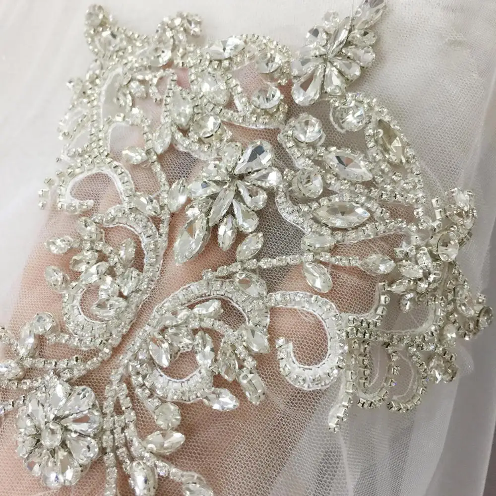 

Rhinestone Crystal Appliques, Tulle Crystale Beading Lace Collar with Lace Backing Wedding Dress Belt Bridal Cover up 15x20