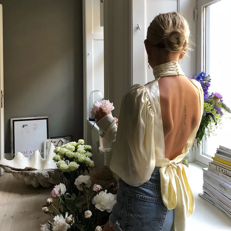 Женские рубашки шифоновая блуза топы с длинным рукавом и открытой спинкой |