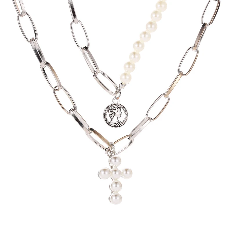 

Pearls Necklace Double Layer Ladies Luxury Design Imitation Choker Female Cross Pendant Necklaces for Women Girls
