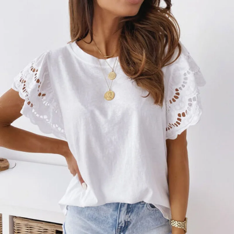 Женская ажурная футболка повседневный топ с круглым вырезом и коротким рукавом
