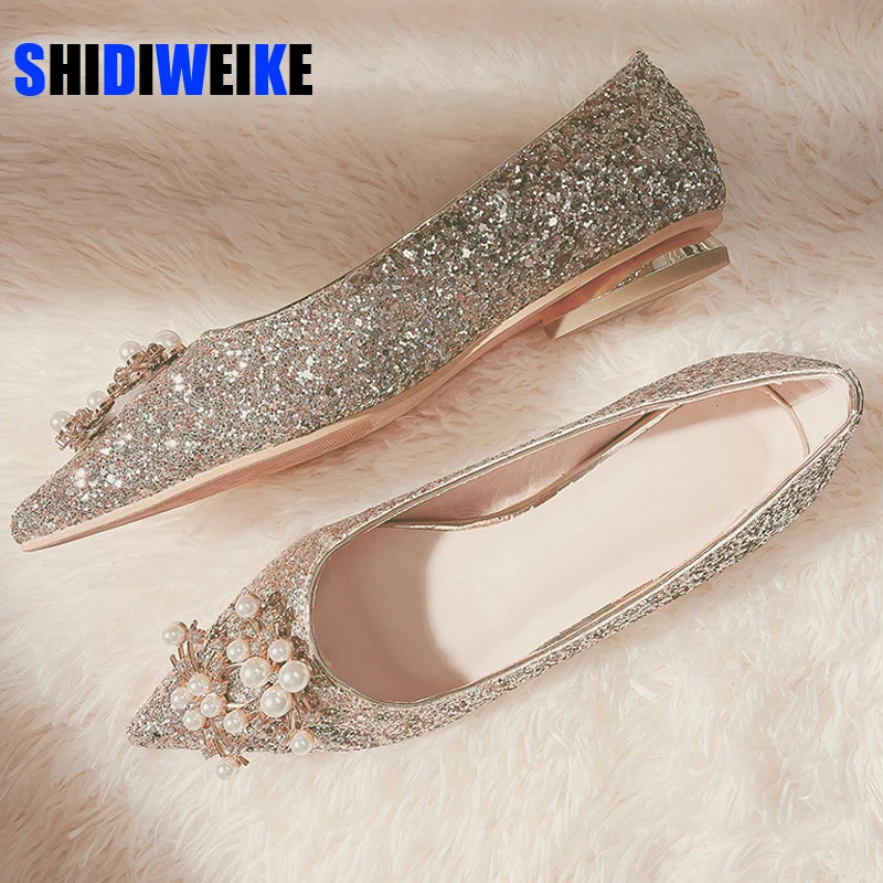 Серебристые блестящие балетки на плоской подошве Женские туфли без задника с