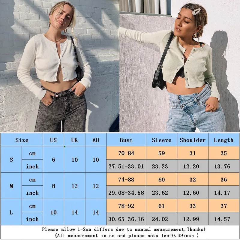 

Women Long Sleeve Open Front Button Up Knitting Cardigan Crop Top Short Sweaters Korean Fashion Sexy Tops Summer Autumn