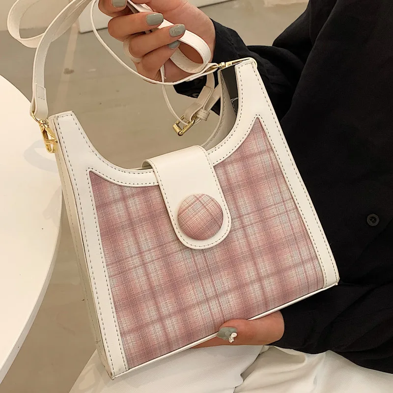 

Pink Plaid Crossbody Bags for Women Luxury Leather Shoulder Bag 2021 Quilted Messenger Bag Ladies Casual All Match Handbags Sac